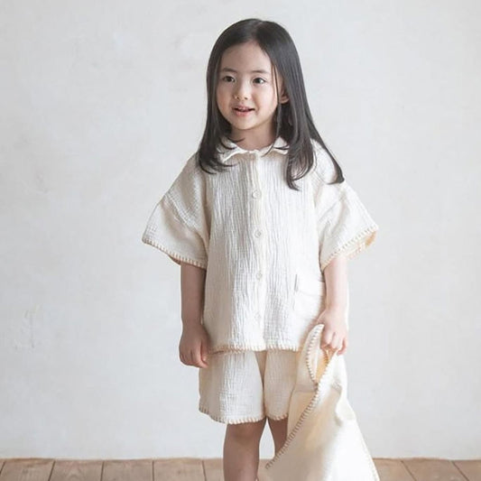 半袖セットアップ シンプルコットン半袖シャツ+ショートパンツ【mh0009984】