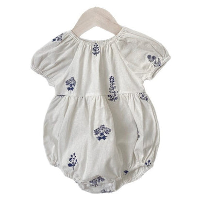 半袖ロンパース フラワー刺繍半袖パフスリーブロンパース【mh0009989】