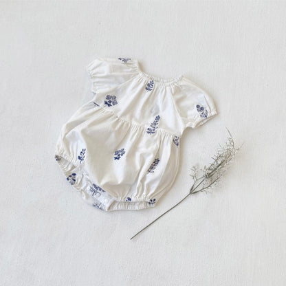 半袖ロンパース フラワー刺繍半袖パフスリーブロンパース【mh0009989】