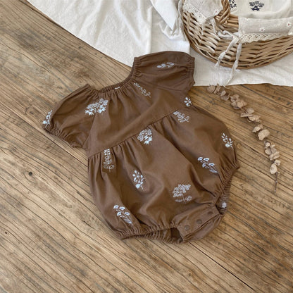 半袖ロンパース フラワー刺繍半袖パフスリーブロンパース【mh0009989】