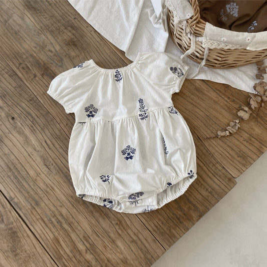 半袖ロンパース フラワー刺繍半袖パフスリーブロンパース【mh0009989】