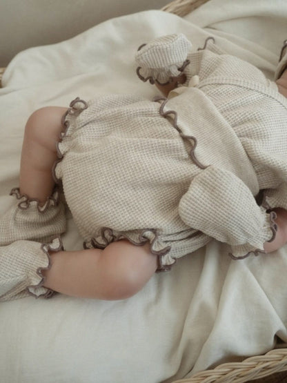 半袖セットアップ メロウフリルワッフル半袖肌着+ハイウエストパンツ/とんがりキャップ帽子【mh0009992】