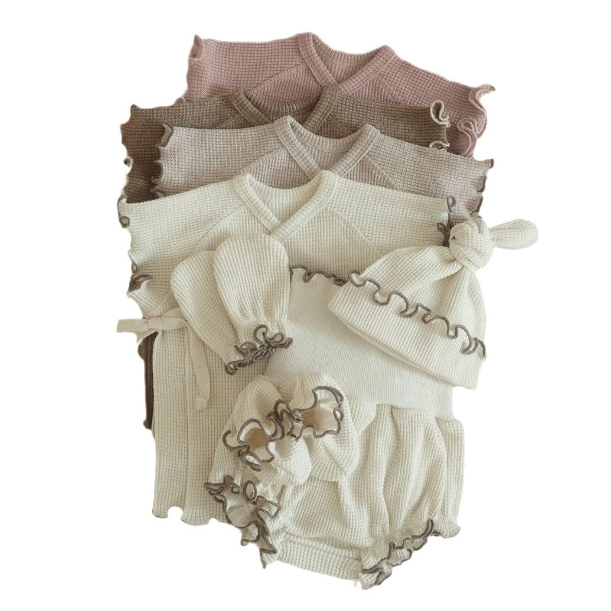 半袖セットアップ メロウフリルワッフル半袖肌着+ハイウエストパンツ/とんがりキャップ帽子【mh0009992】