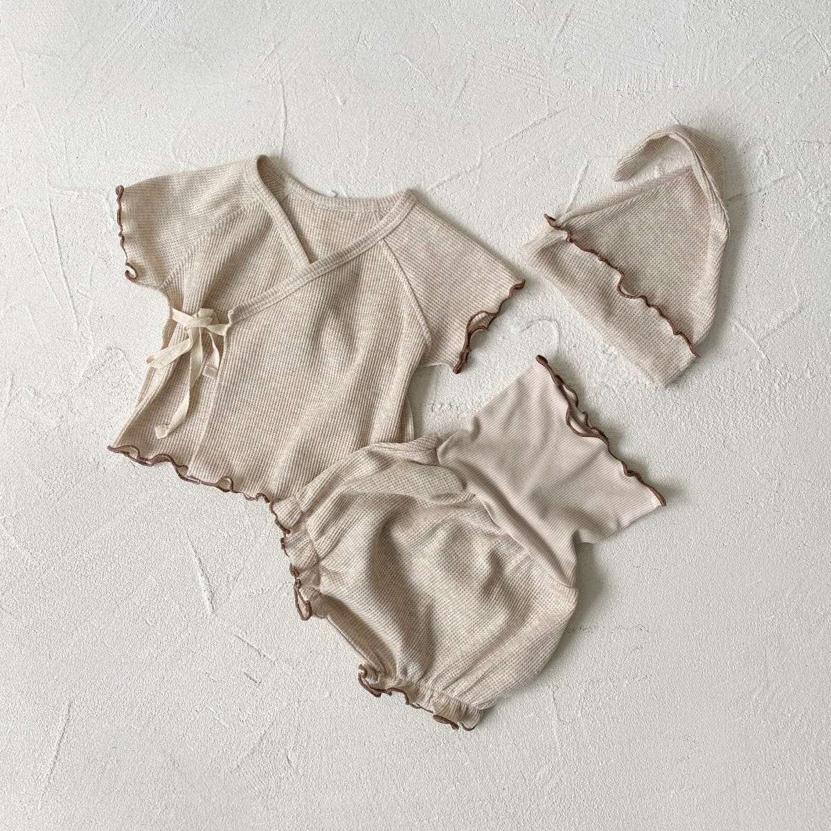 半袖セットアップ メロウフリルワッフル半袖肌着+ハイウエストパンツ/とんがりキャップ帽子【mh0009992】