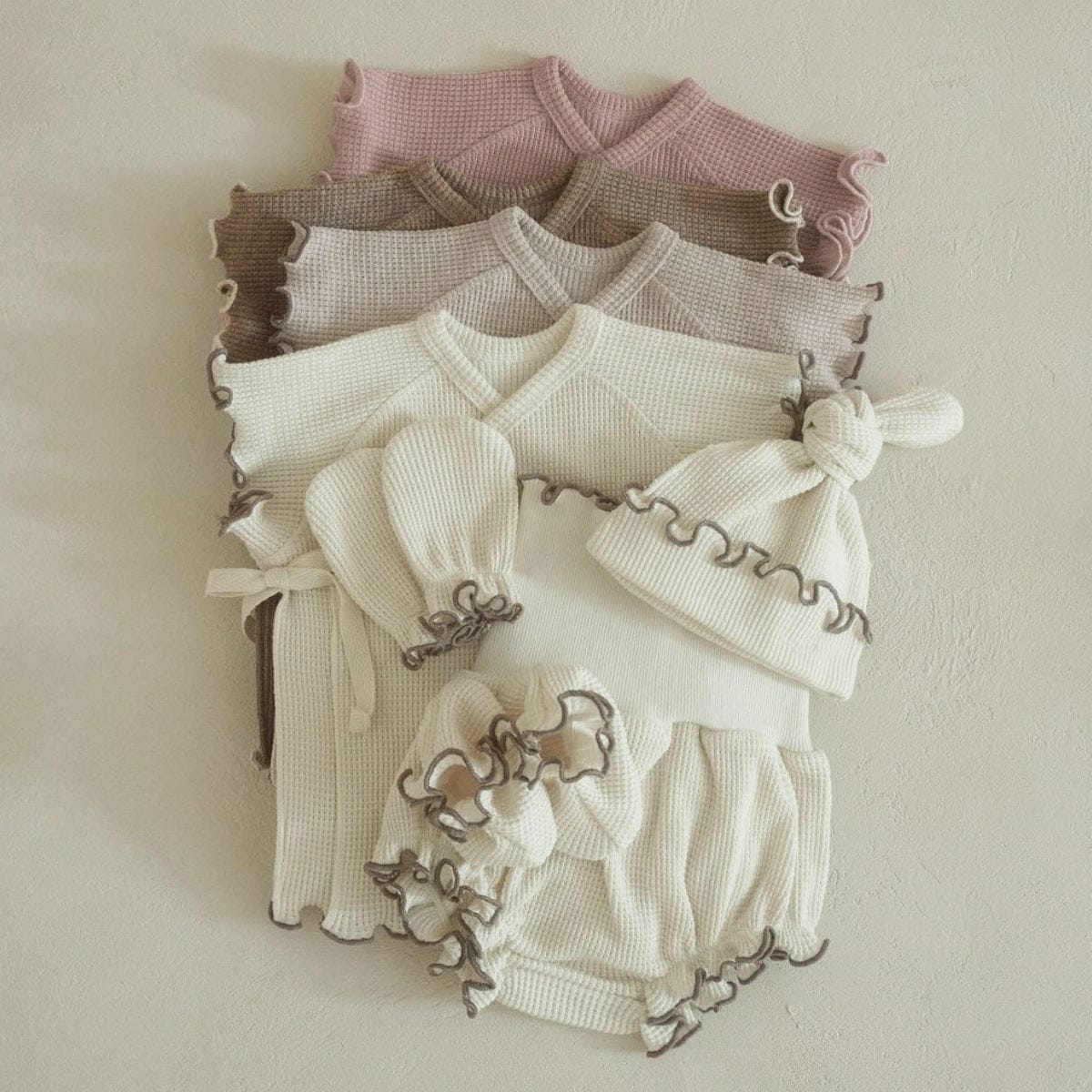 半袖セットアップ メロウフリルワッフル半袖肌着+ハイウエストパンツ/とんがりキャップ帽子【mh0009992】