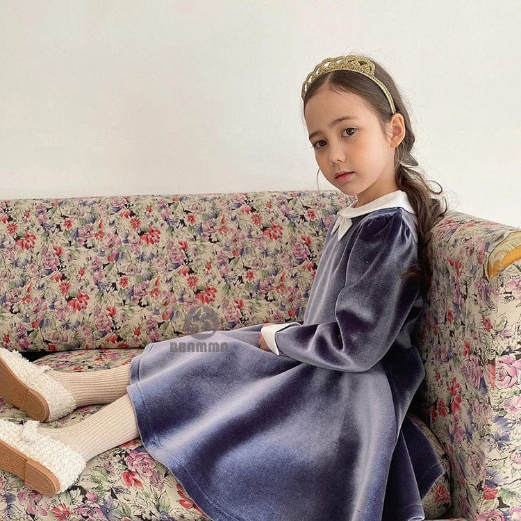 長袖ワンピース ベルベッド風リボン襟長袖フォーマルワンピース【mh0010002】