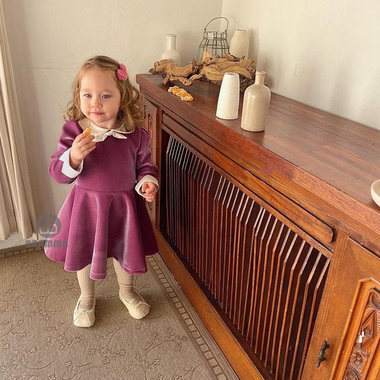 長袖ワンピース ベルベッド風リボン襟長袖フォーマルワンピース【mh0010002】