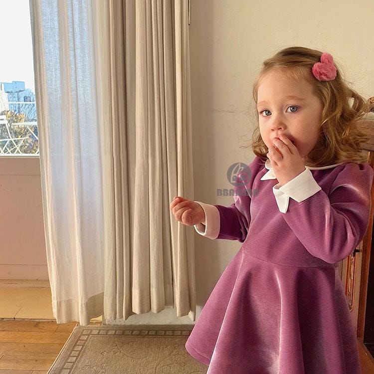 長袖ワンピース ベルベッド風リボン襟長袖フォーマルワンピース【mh0010002】