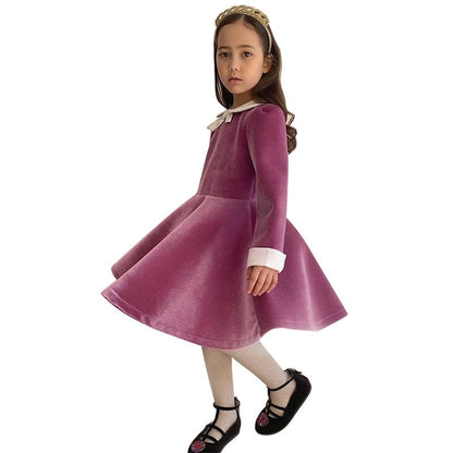 長袖ワンピース ベルベッド風リボン襟長袖フォーマルワンピース【mh0010002】