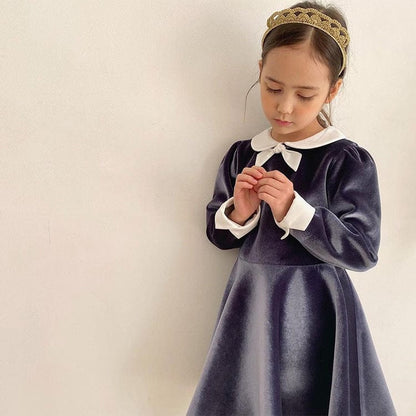 長袖ワンピース ベルベッド風リボン襟長袖フォーマルワンピース【mh0010002】