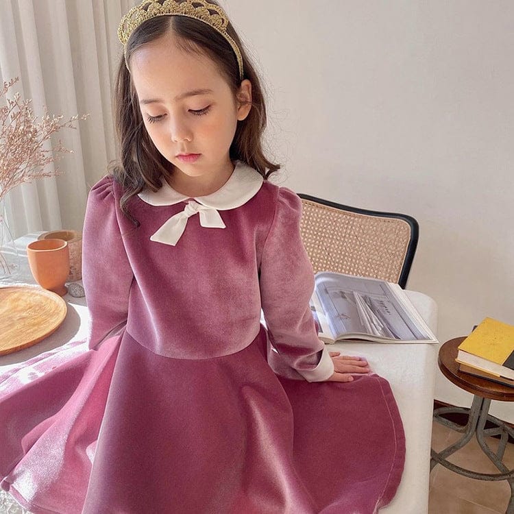 長袖ワンピース ベルベッド風リボン襟長袖フォーマルワンピース【mh0010002】