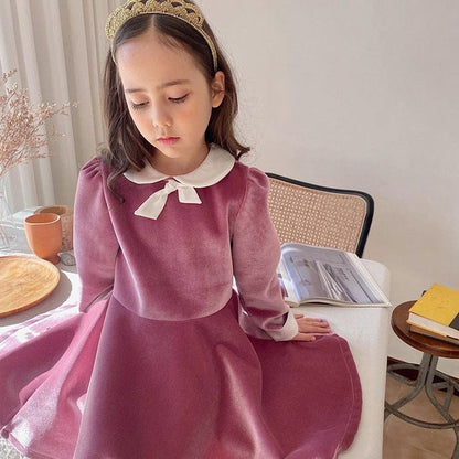 長袖ワンピース ベルベッド風リボン襟長袖フォーマルワンピース【mh0010002】