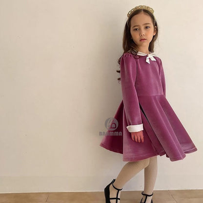 長袖ワンピース ベルベッド風リボン襟長袖フォーマルワンピース【mh0010002】