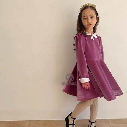 長袖ワンピース ベルベッド風リボン襟長袖フォーマルワンピース【mh0010002】