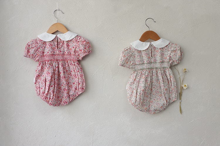 半袖ロンパース フラワー刺繍丸襟花柄プリント半袖ロンパース【mh0010003】