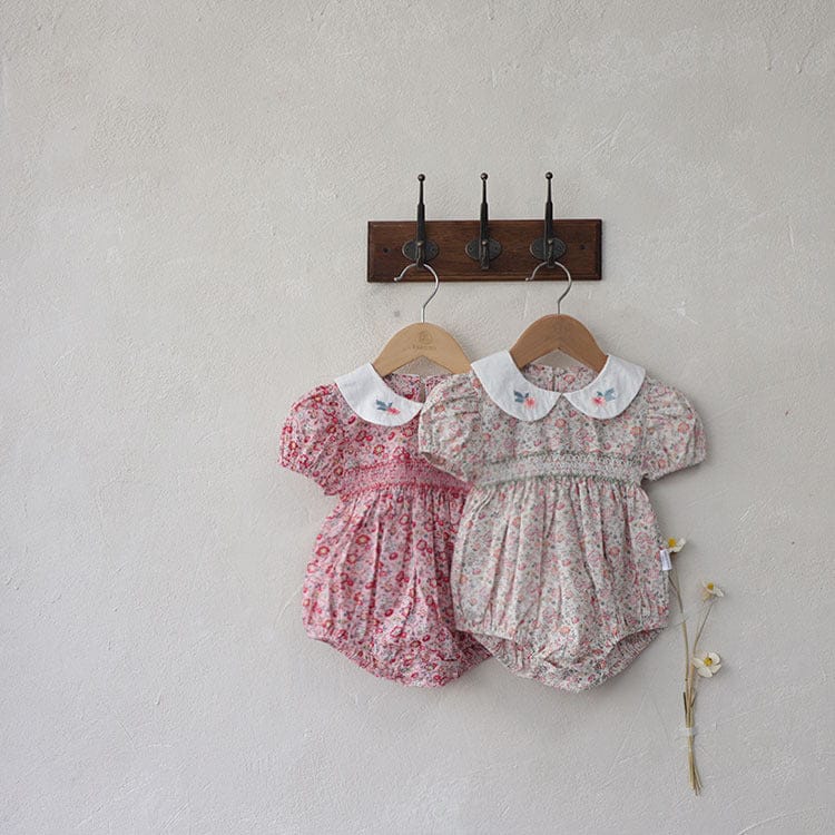 半袖ロンパース フラワー刺繍丸襟花柄プリント半袖ロンパース【mh0010003】