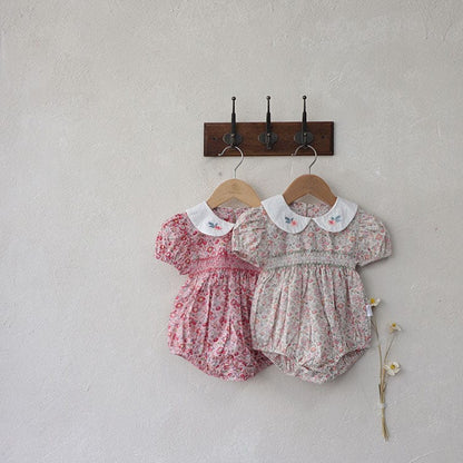 半袖ロンパース フラワー刺繍丸襟花柄プリント半袖ロンパース【mh0010003】