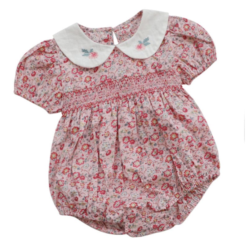 半袖ロンパース フラワー刺繍丸襟花柄プリント半袖ロンパース【mh0010003】