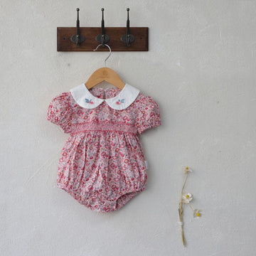 半袖ロンパース フラワー刺繍丸襟花柄プリント半袖ロンパース【mh0010003】