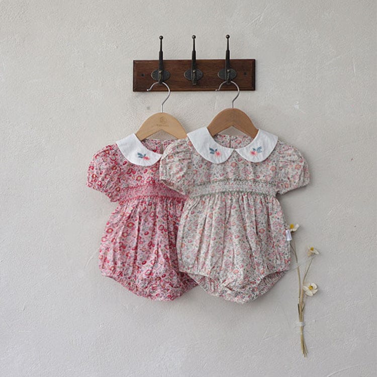 半袖ロンパース フラワー刺繍丸襟花柄プリント半袖ロンパース【mh0010003】