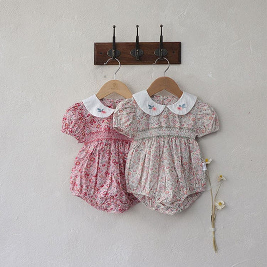 半袖ロンパース フラワー刺繍丸襟花柄プリント半袖ロンパース【mh0010003】