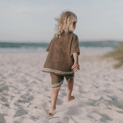 半袖セットアップ ざっくりレースニット半袖シャツ+ショートパンツ【mh0010004】