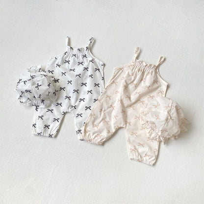 ノースリーブジャンプスーツ リボンプリントキャミソールジャンプスーツ+チューリップハット帽子セット【mh0010006】