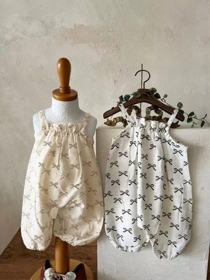 ノースリーブジャンプスーツ リボンプリントキャミソールジャンプスーツ+チューリップハット帽子セット【mh0010006】