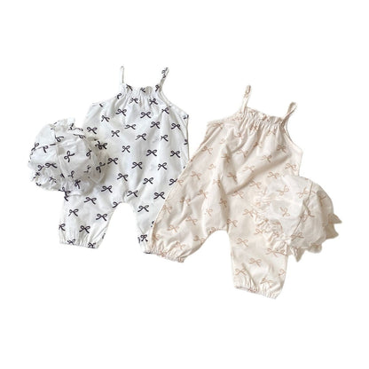 ノースリーブジャンプスーツ リボンプリントキャミソールジャンプスーツ+チューリップハット帽子セット【mh0010006】