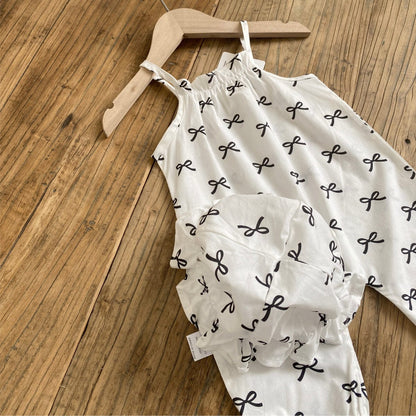 ノースリーブジャンプスーツ リボンプリントキャミソールジャンプスーツ+チューリップハット帽子セット【mh0010006】