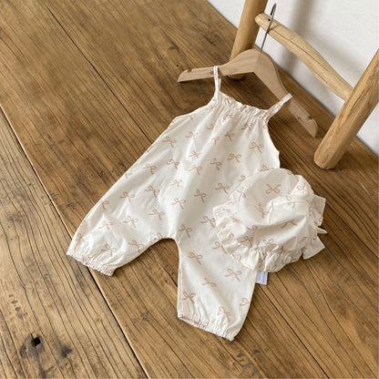 ノースリーブジャンプスーツ リボンプリントキャミソールジャンプスーツ+チューリップハット帽子セット【mh0010006】