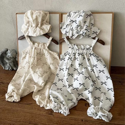 ノースリーブジャンプスーツ リボンプリントキャミソールジャンプスーツ+チューリップハット帽子セット【mh0010006】