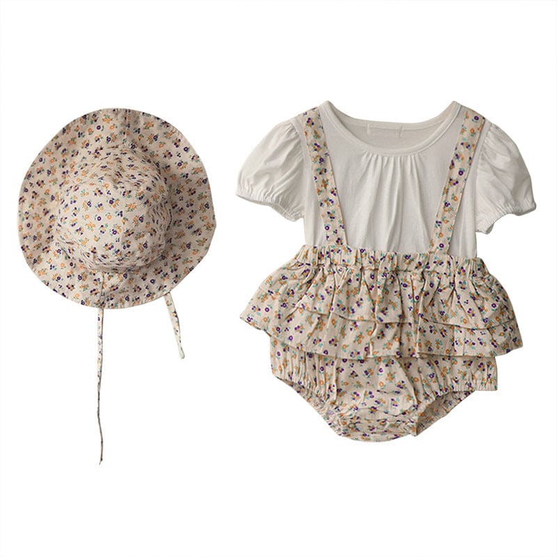 半袖ロンパース フラワープリントフリルスカートドッキング半袖ロンパース+チューリップハットセット【mh0010009】