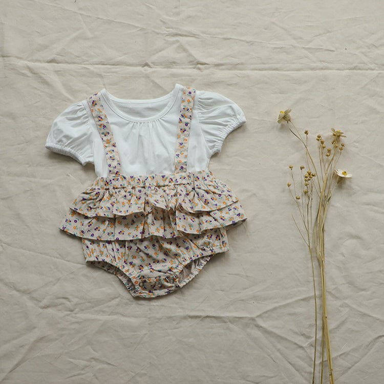 半袖ロンパース フラワープリントフリルスカートドッキング半袖ロンパース+チューリップハットセット【mh0010009】