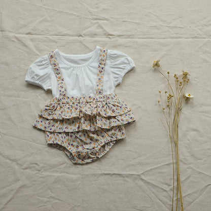 半袖ロンパース フラワープリントフリルスカートドッキング半袖ロンパース+チューリップハットセット【mh0010009】