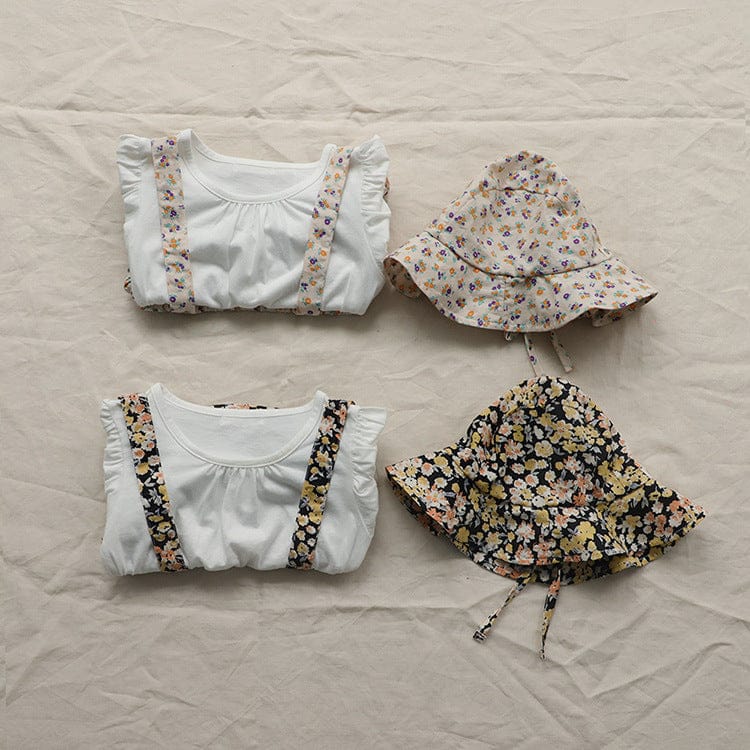 半袖ロンパース フラワープリントフリルスカートドッキング半袖ロンパース+チューリップハットセット【mh0010009】