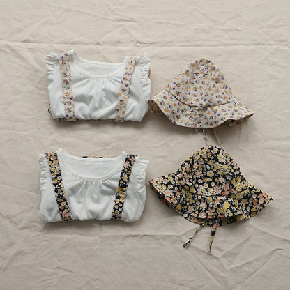 半袖ロンパース フラワープリントフリルスカートドッキング半袖ロンパース+チューリップハットセット【mh0010009】