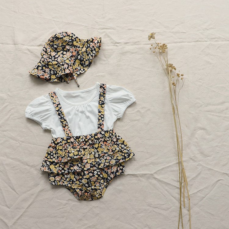 半袖ロンパース フラワープリントフリルスカートドッキング半袖ロンパース+チューリップハットセット【mh0010009】