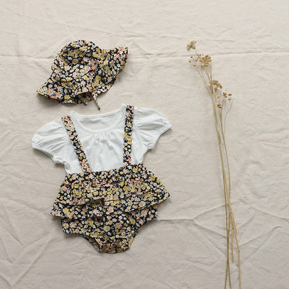 半袖ロンパース フラワープリントフリルスカートドッキング半袖ロンパース+チューリップハットセット【mh0010009】