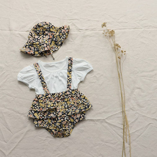 半袖ロンパース フラワープリントフリルスカートドッキング半袖ロンパース+チューリップハットセット【mh0010009】