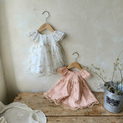 半袖ワンピース 刺繍フラワーチュールフリルスリーブワンピース+レース刺繍ボンネット帽子セット【mh0010206】