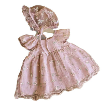 半袖ワンピース 刺繍フラワーチュールフリルスリーブワンピース+レース刺繍ボンネット帽子セット【mh0010206】