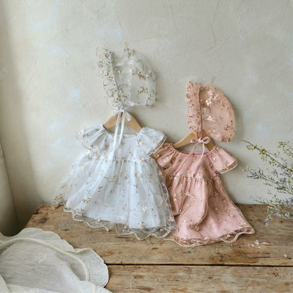 半袖ワンピース 刺繍フラワーチュールフリルスリーブワンピース+レース刺繍ボンネット帽子セット【mh0010206】