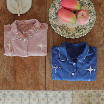 半袖シャツ・ブラウス フラワー刺繍ステッチ半袖シャツ【mh0010209】