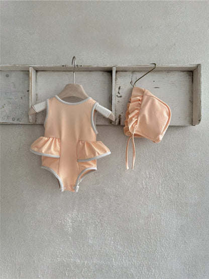 ベビー用水着 ベビー水着 サイドフリルノースリーブワンピーススイムウェア+帽子セット【mh0010216】