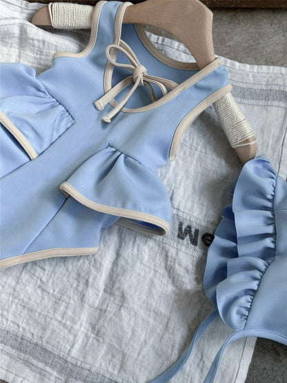 ベビー用水着 ベビー水着 サイドフリルノースリーブワンピーススイムウェア+帽子セット【mh0010216】