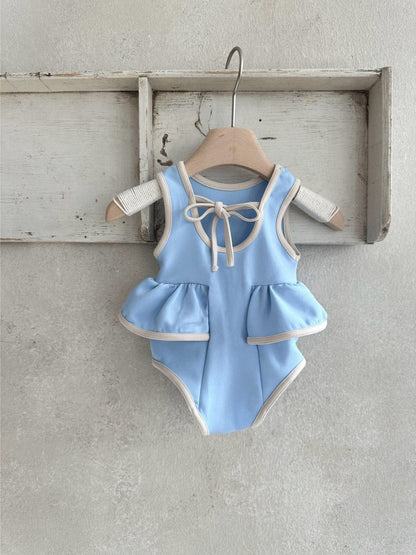 ベビー用水着 ベビー水着 サイドフリルノースリーブワンピーススイムウェア+帽子セット【mh0010216】