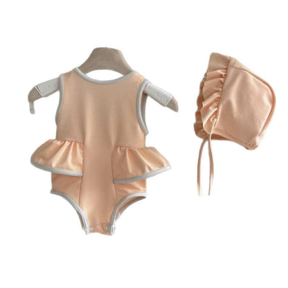 ベビー用水着 ベビー水着 サイドフリルノースリーブワンピーススイムウェア+帽子セット【mh0010216】