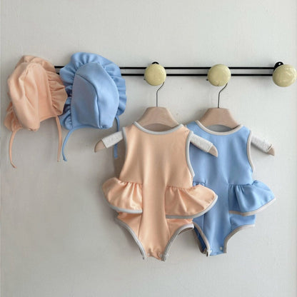 ベビー用水着 ベビー水着 サイドフリルノースリーブワンピーススイムウェア+帽子セット【mh0010216】