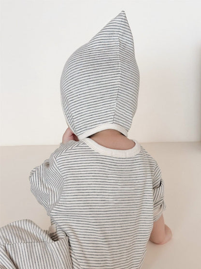 長袖ロンパース ボーダー長袖ロンパース+ボンネット帽子セット【mh0010598】